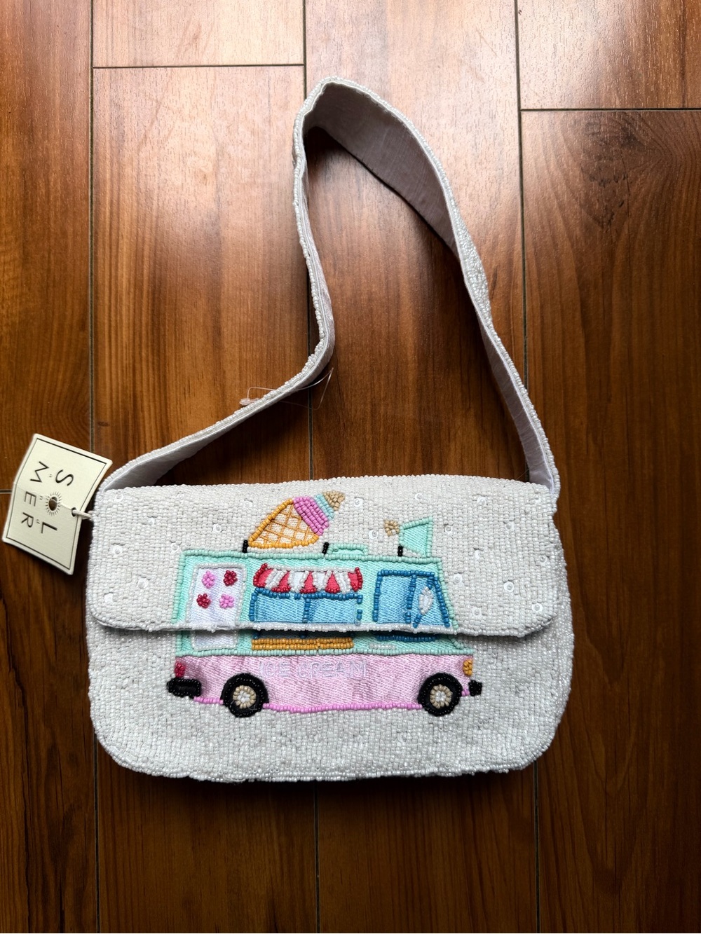 Sol and Mer Women’s Beaded Ice Cream Truck Shoulder Bag - White & Pink